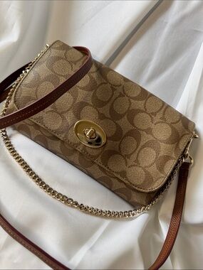 Coach Mini Ruby Brown Signature Canvas Turnlock Crossbody with Gold Hardware